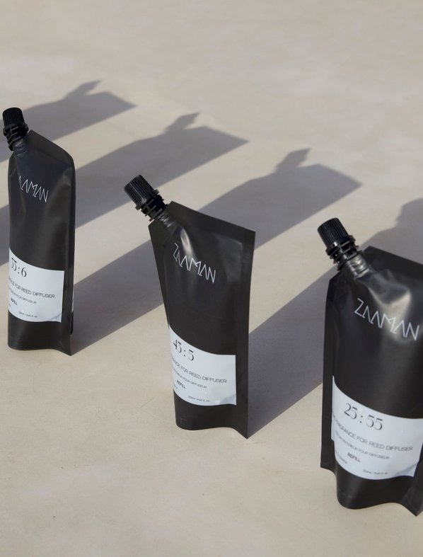 Zaaman reed diffuser refill pouches lined up outdoor